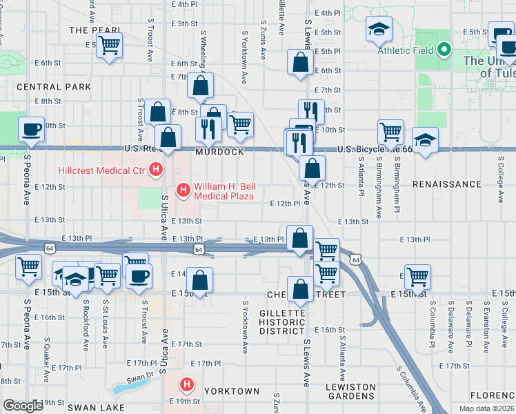 map of restaurants, bars, coffee shops, grocery stores, and more near 1200 South Zunis Avenue in Tulsa