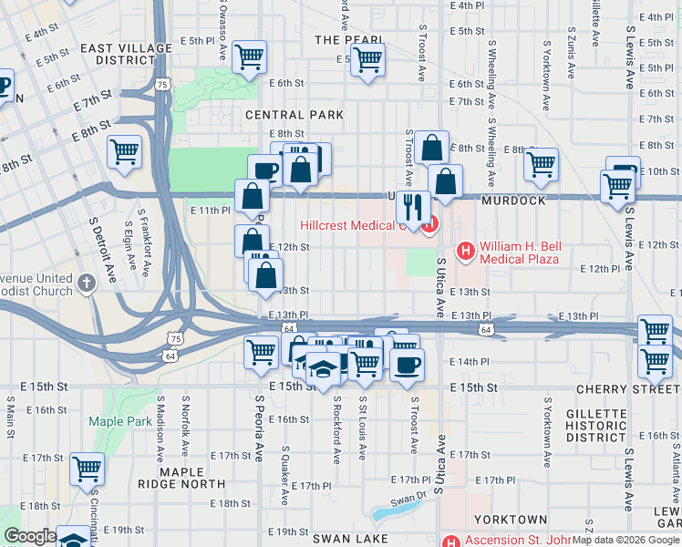 map of restaurants, bars, coffee shops, grocery stores, and more near in Tulsa