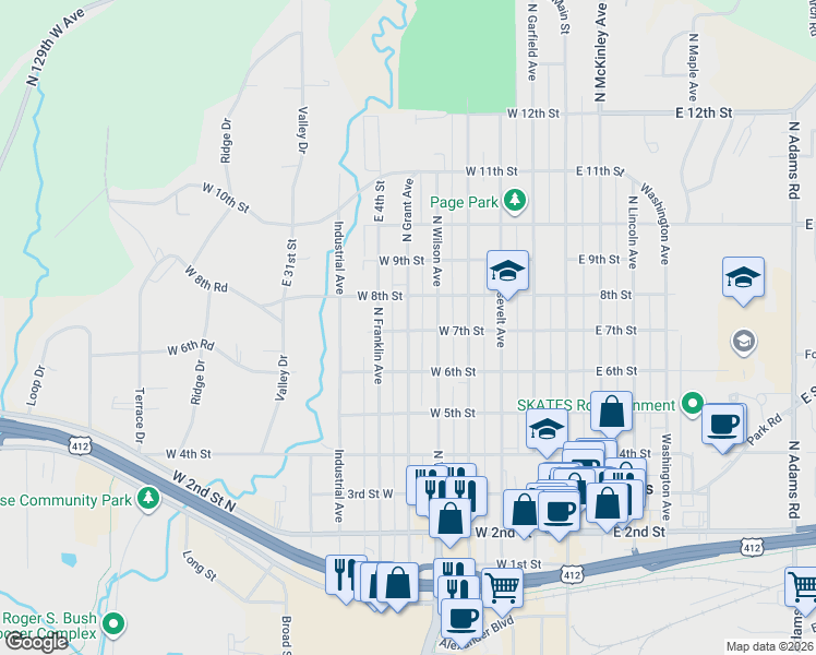 map of restaurants, bars, coffee shops, grocery stores, and more near 710 North Grant Avenue in Sand Springs