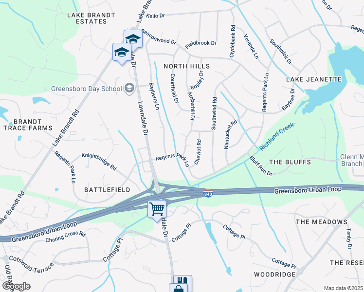 map of restaurants, bars, coffee shops, grocery stores, and more near 1 Amberhill Court in Greensboro