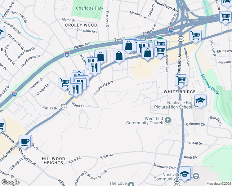 map of restaurants, bars, coffee shops, grocery stores, and more near 6025 Hill Circle Drive in Nashville