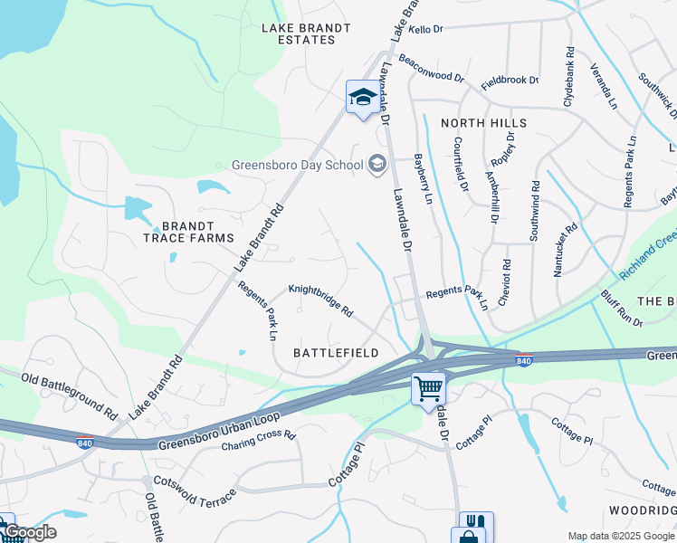 map of restaurants, bars, coffee shops, grocery stores, and more near 4207 Kingsland Drive in Greensboro