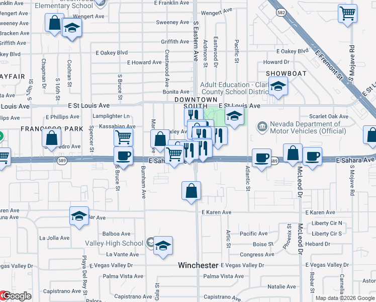 map of restaurants, bars, coffee shops, grocery stores, and more near 2345 Stockton Avenue in Las Vegas