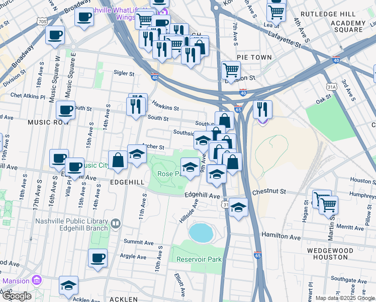 map of restaurants, bars, coffee shops, grocery stores, and more near 940 Archer Street in Nashville