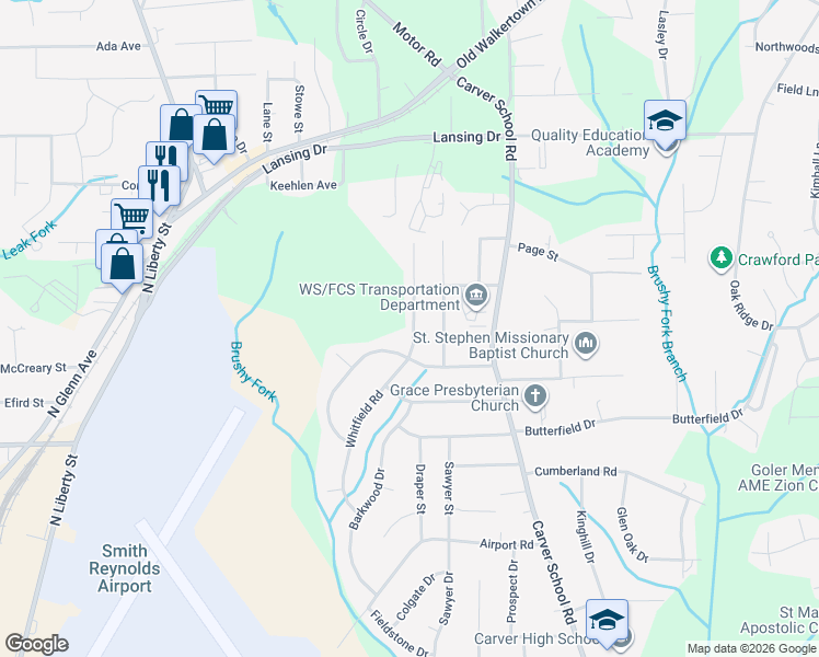 map of restaurants, bars, coffee shops, grocery stores, and more near 4118 Whitfield Road in Winston-Salem
