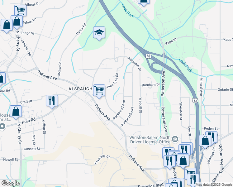 map of restaurants, bars, coffee shops, grocery stores, and more near 260 Parkwood Court in Winston-Salem