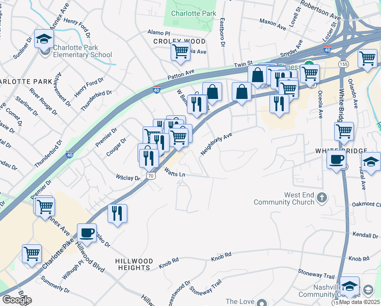 map of restaurants, bars, coffee shops, grocery stores, and more near 6319 Charlotte Pike in Nashville