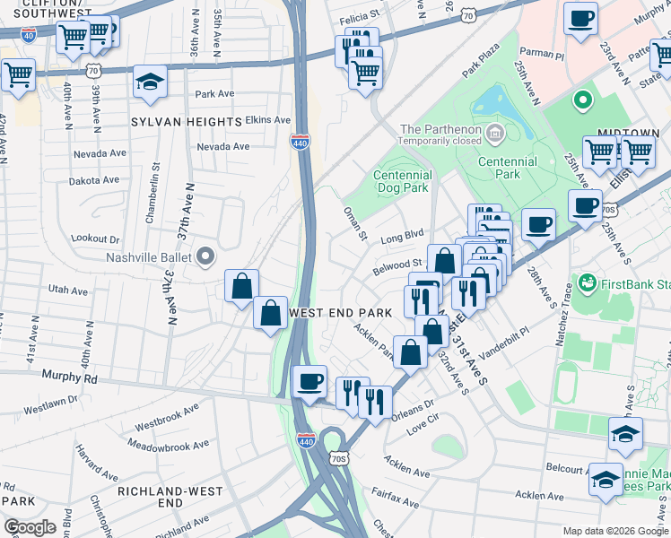 map of restaurants, bars, coffee shops, grocery stores, and more near 3178B Parthenon Avenue in Nashville