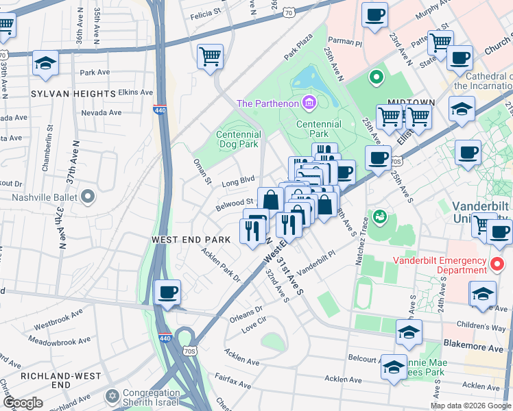 map of restaurants, bars, coffee shops, grocery stores, and more near 215 31st Avenue North in Nashville