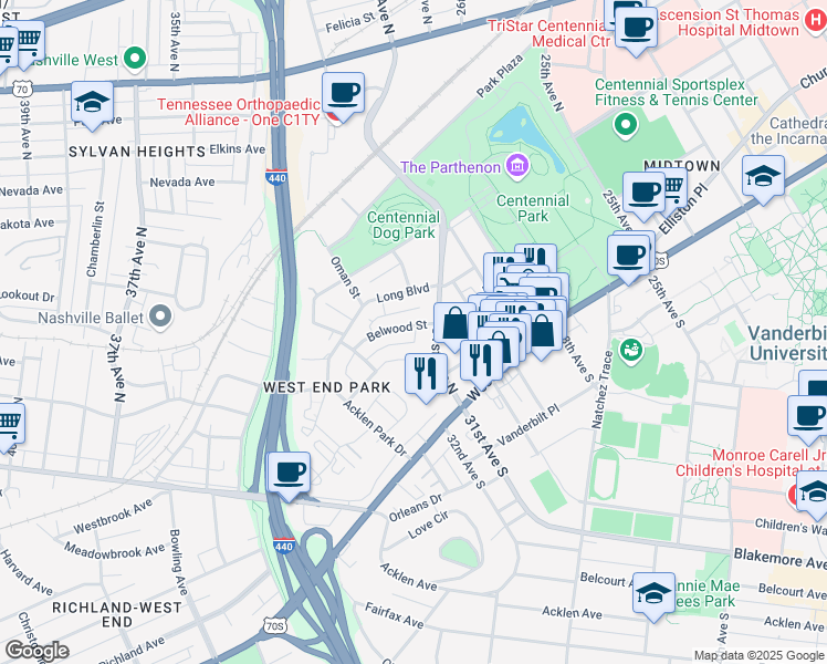 map of restaurants, bars, coffee shops, grocery stores, and more near 3101 Belwood Street in Nashville