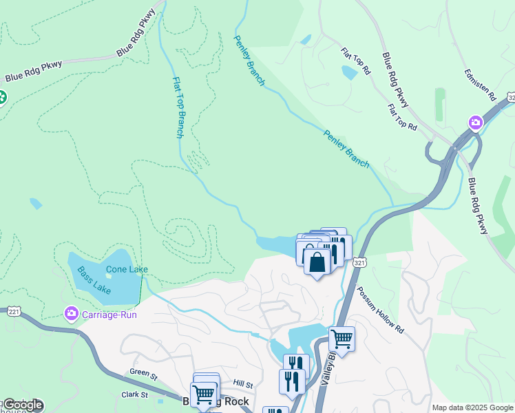 map of restaurants, bars, coffee shops, grocery stores, and more near The Black Bottom Road in Blowing Rock