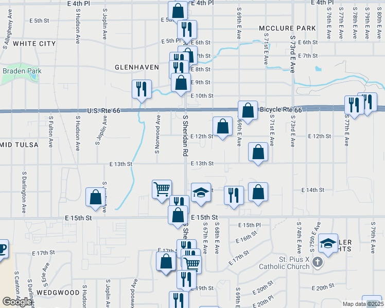 map of restaurants, bars, coffee shops, grocery stores, and more near in Tulsa