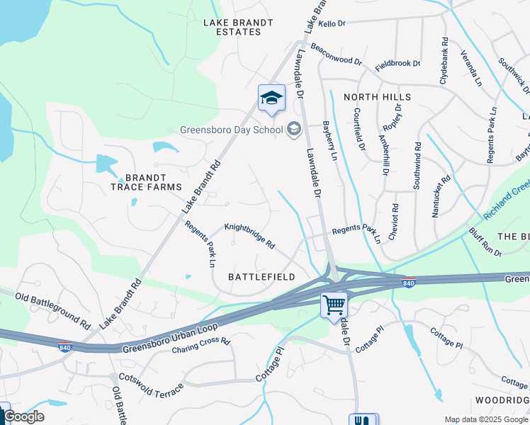 map of restaurants, bars, coffee shops, grocery stores, and more near 4207 Kingsland Drive in Greensboro