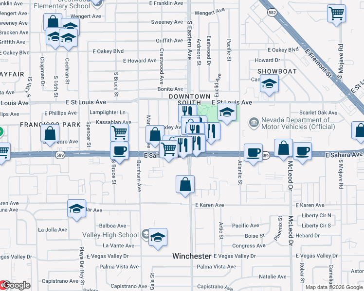 map of restaurants, bars, coffee shops, grocery stores, and more near in Las Vegas