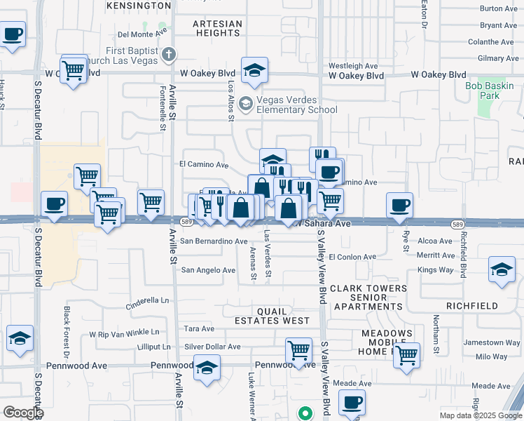 map of restaurants, bars, coffee shops, grocery stores, and more near 2409 Las Verdes Street in Las Vegas