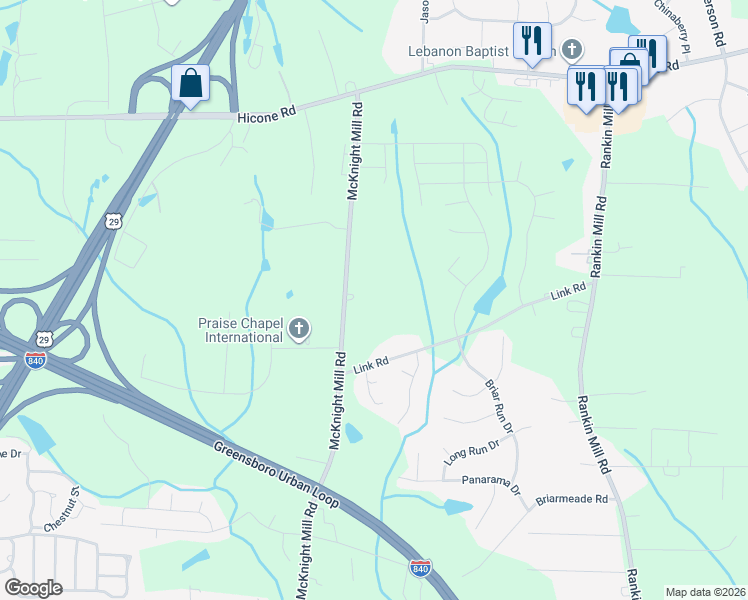 map of restaurants, bars, coffee shops, grocery stores, and more near 4606 McKnight Mill Road in Greensboro