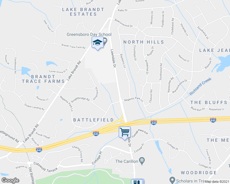 map of restaurants, bars, coffee shops, grocery stores, and more near 3204 Regents Park Lane in Greensboro