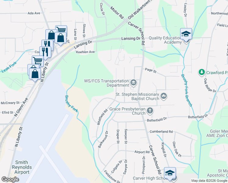 map of restaurants, bars, coffee shops, grocery stores, and more near 4118 Whitfield Road in Winston-Salem