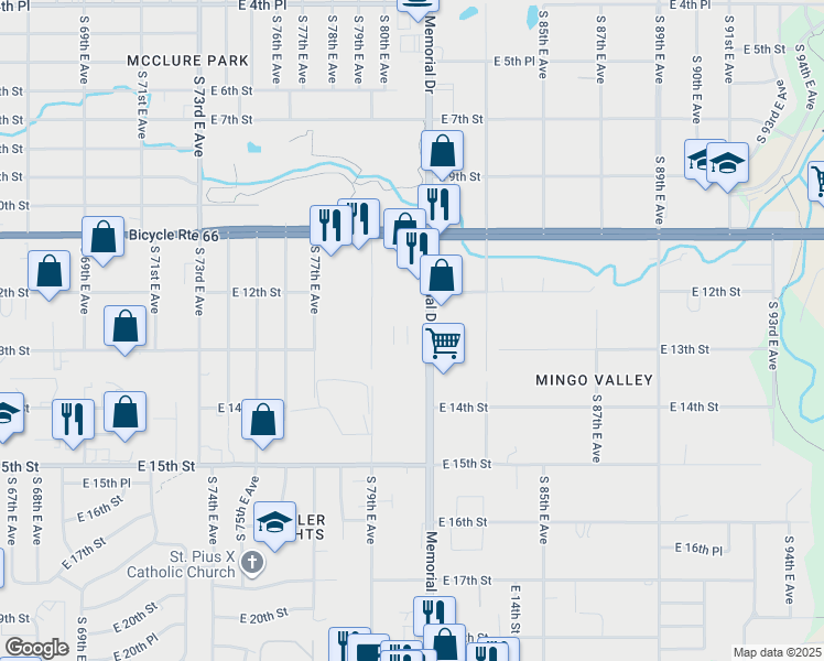 map of restaurants, bars, coffee shops, grocery stores, and more near 1246 South Memorial Drive in Tulsa