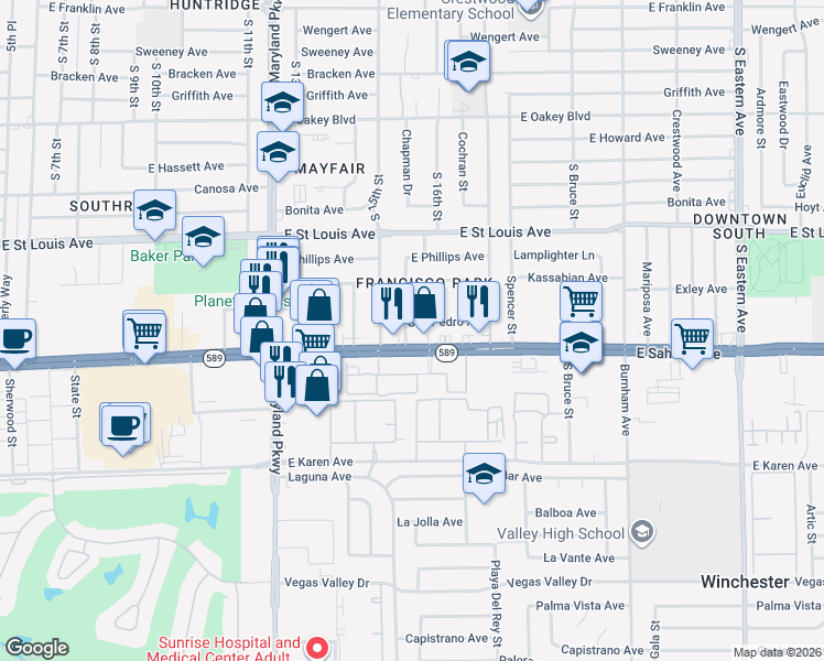 map of restaurants, bars, coffee shops, grocery stores, and more near 1601 San Pedro Avenue in Las Vegas
