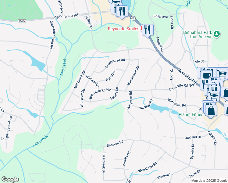 map of restaurants, bars, coffee shops, grocery stores, and more near 3920 Tangle Lane in Winston-Salem