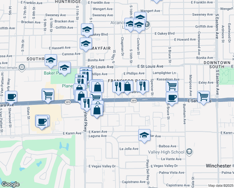 map of restaurants, bars, coffee shops, grocery stores, and more near 2405 South 15th Street in Las Vegas