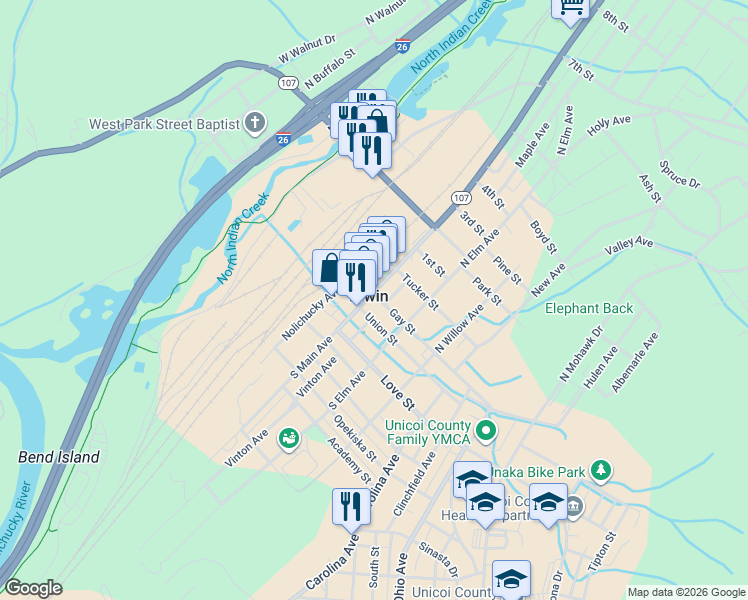 map of restaurants, bars, coffee shops, grocery stores, and more near 206 Gay Street in Erwin