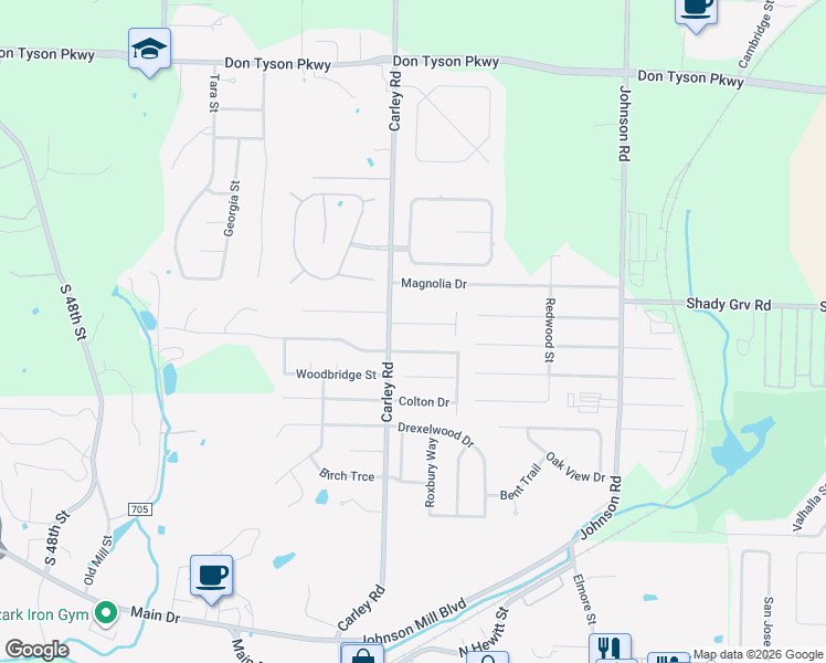 map of restaurants, bars, coffee shops, grocery stores, and more near 2922 Carley Place in Springdale