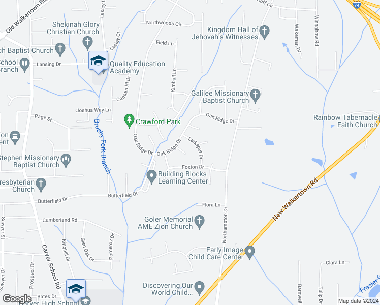 map of restaurants, bars, coffee shops, grocery stores, and more near 5205 Oak Ridge Court in Winston-Salem