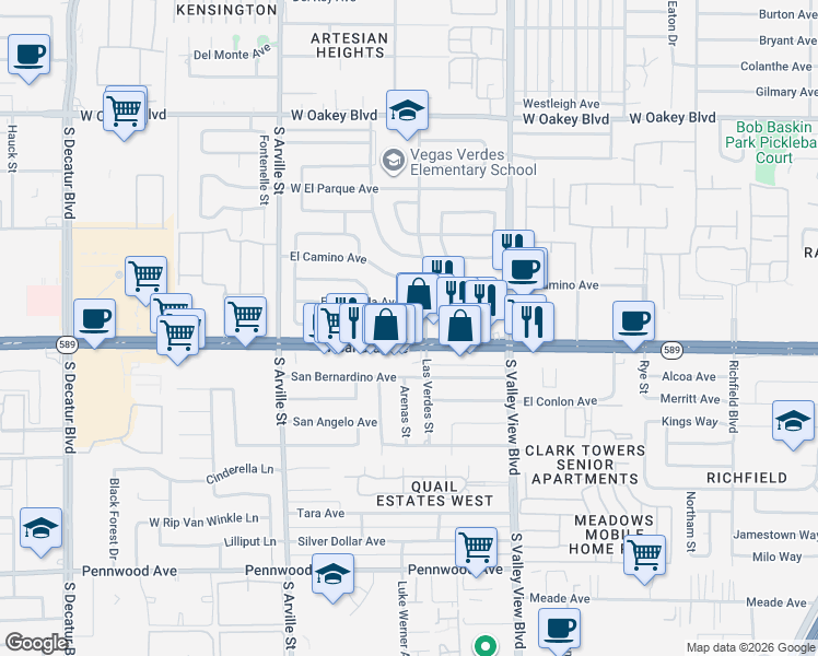 map of restaurants, bars, coffee shops, grocery stores, and more near 2409 Las Verdes Street in Las Vegas