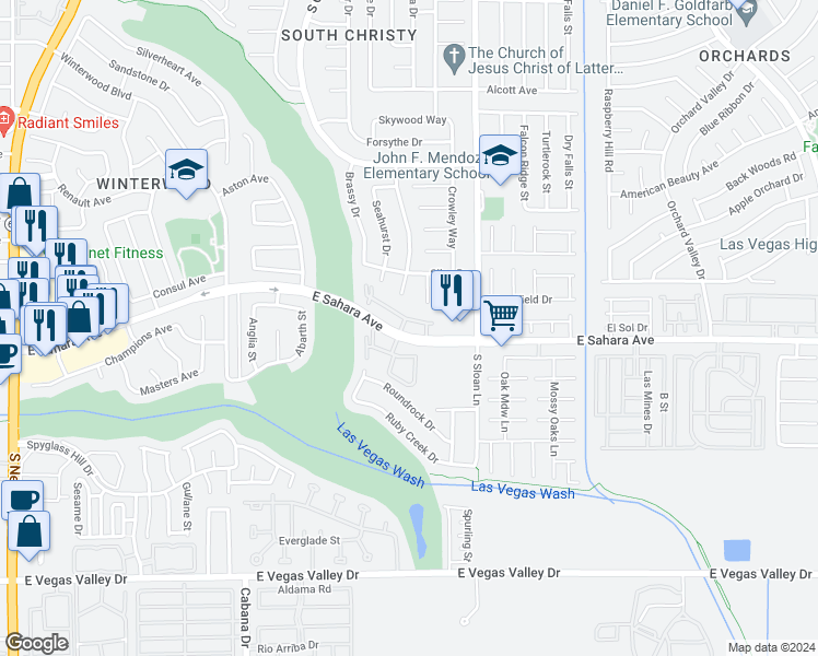 map of restaurants, bars, coffee shops, grocery stores, and more near 5650 East Sahara Avenue in Las Vegas
