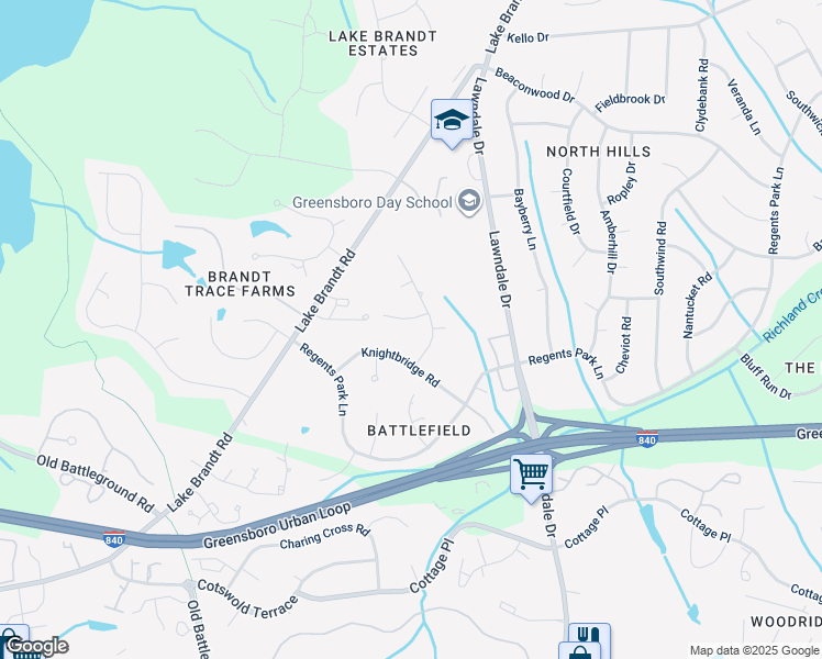 map of restaurants, bars, coffee shops, grocery stores, and more near 4303 Penton Place in Greensboro