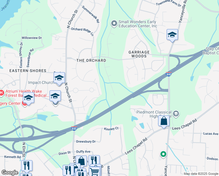 map of restaurants, bars, coffee shops, grocery stores, and more near 4823 Shady Pine Drive in Greensboro