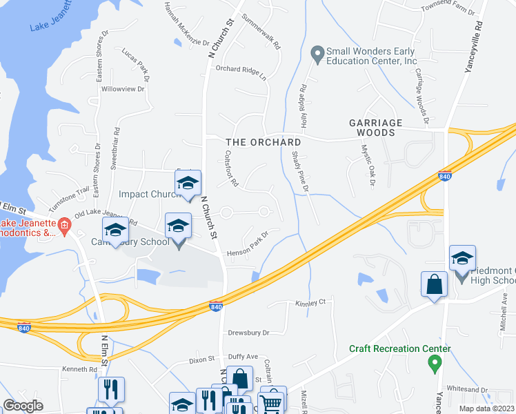 map of restaurants, bars, coffee shops, grocery stores, and more near 129 Arcaro Drive in Greensboro