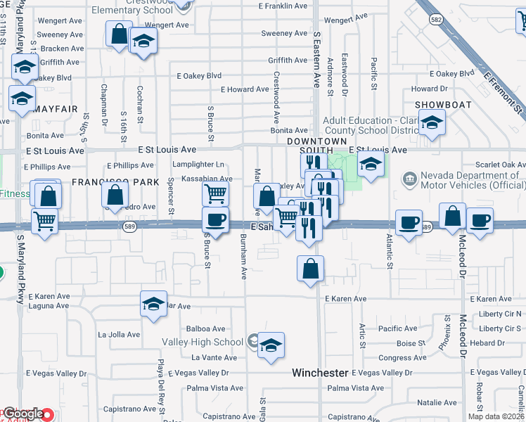 map of restaurants, bars, coffee shops, grocery stores, and more near 2319 Mariposa Avenue in Las Vegas