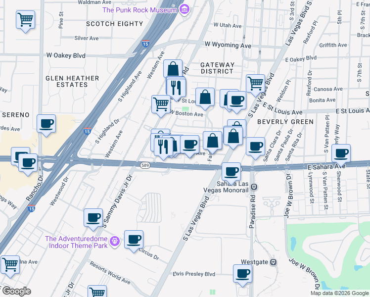 map of restaurants, bars, coffee shops, grocery stores, and more near 311 West Cleveland Avenue in Las Vegas