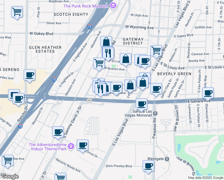 map of restaurants, bars, coffee shops, grocery stores, and more near 311 West Cleveland Avenue in Las Vegas