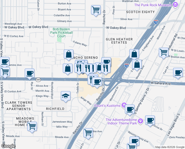 map of restaurants, bars, coffee shops, grocery stores, and more near 2400 West Sahara Avenue in Las Vegas