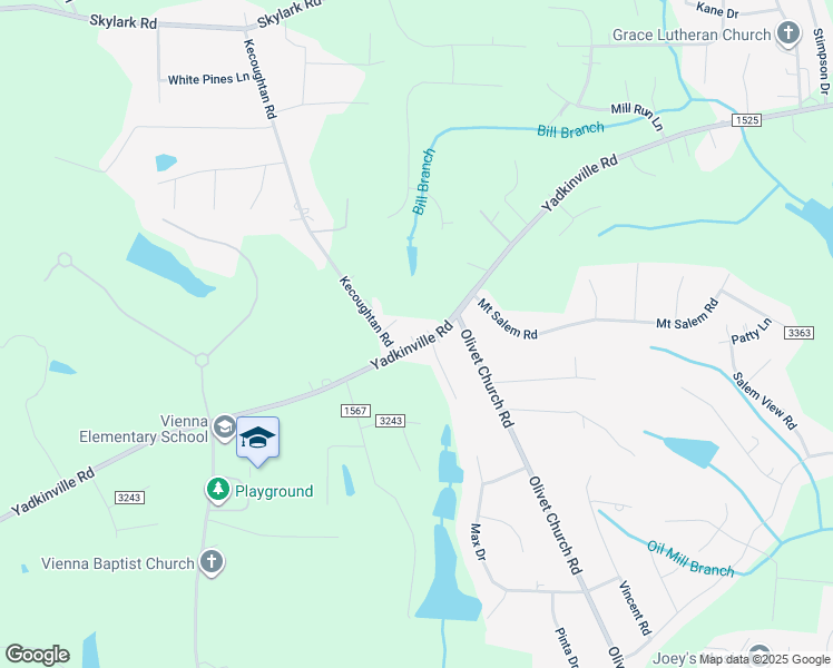 map of restaurants, bars, coffee shops, grocery stores, and more near Yadkinville Road in Pfafftown