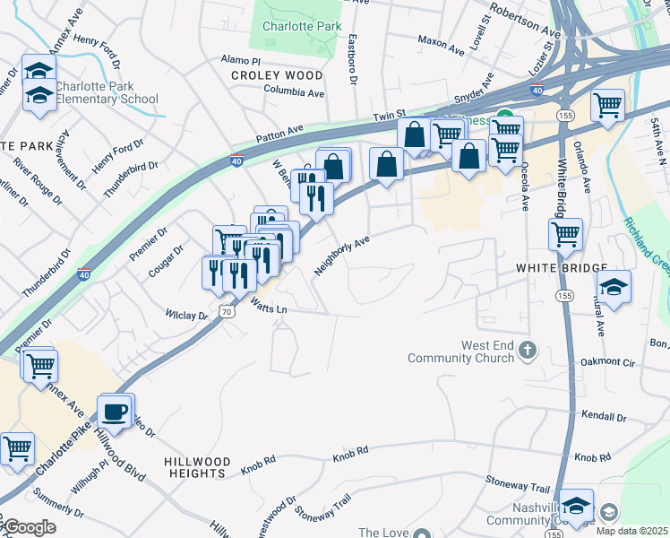 map of restaurants, bars, coffee shops, grocery stores, and more near 6213 Charlotte Pike in Nashville