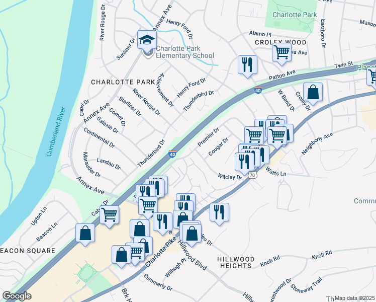 map of restaurants, bars, coffee shops, grocery stores, and more near 6526 Premier Drive in Nashville