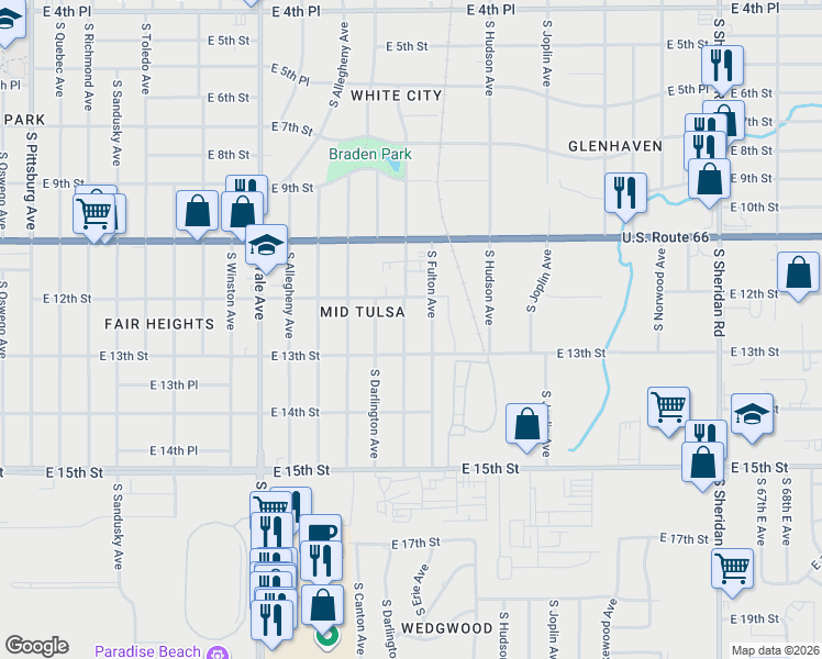 map of restaurants, bars, coffee shops, grocery stores, and more near 1214 South Fulton Avenue in Tulsa