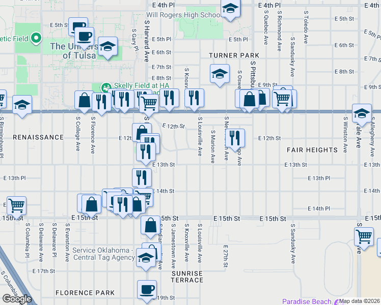 map of restaurants, bars, coffee shops, grocery stores, and more near 1231 South Knoxville Avenue in Tulsa
