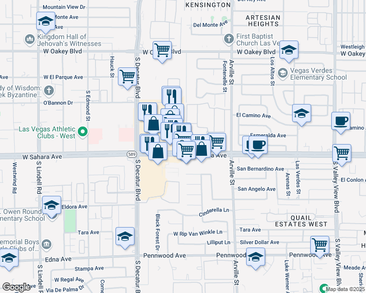 map of restaurants, bars, coffee shops, grocery stores, and more near 4610 West Sahara Avenue in Las Vegas