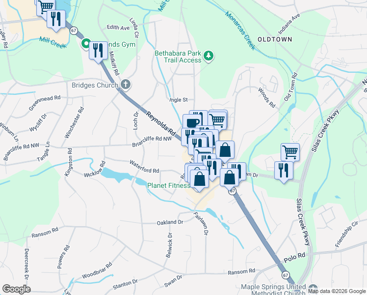 map of restaurants, bars, coffee shops, grocery stores, and more near 2920 Reynolda Road in Winston-Salem