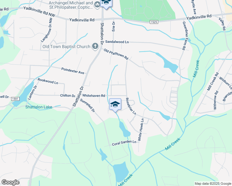 map of restaurants, bars, coffee shops, grocery stores, and more near 3735 Whitehaven Road in Winston-Salem