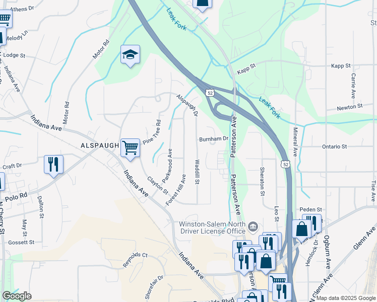 map of restaurants, bars, coffee shops, grocery stores, and more near 305 Forest Hill Avenue in Winston-Salem