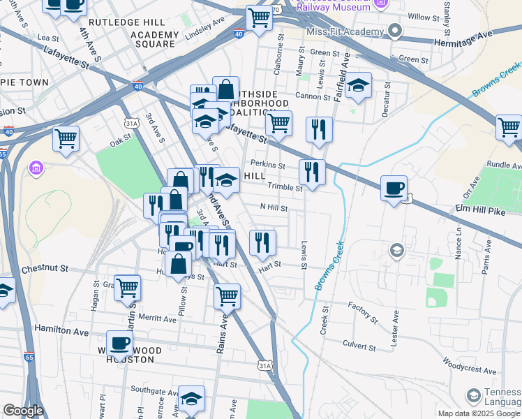 map of restaurants, bars, coffee shops, grocery stores, and more near 18 North Hill Street in Nashville