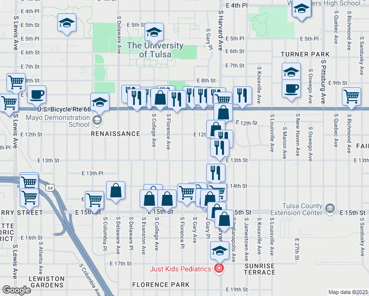 map of restaurants, bars, coffee shops, grocery stores, and more near 1227 South Florence Place in Tulsa