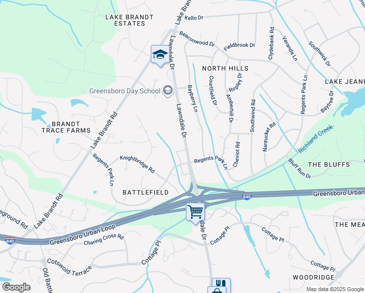 map of restaurants, bars, coffee shops, grocery stores, and more near 3204 Regents Park Lane in Greensboro